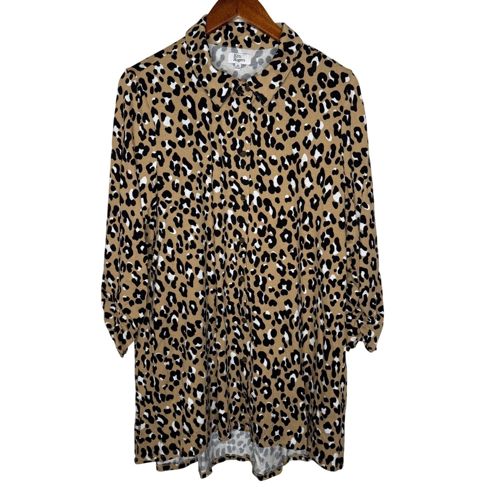 Kim Rogers‎ Animal Print Tunic Top 3/4 Sleeve Button Down Sz XL